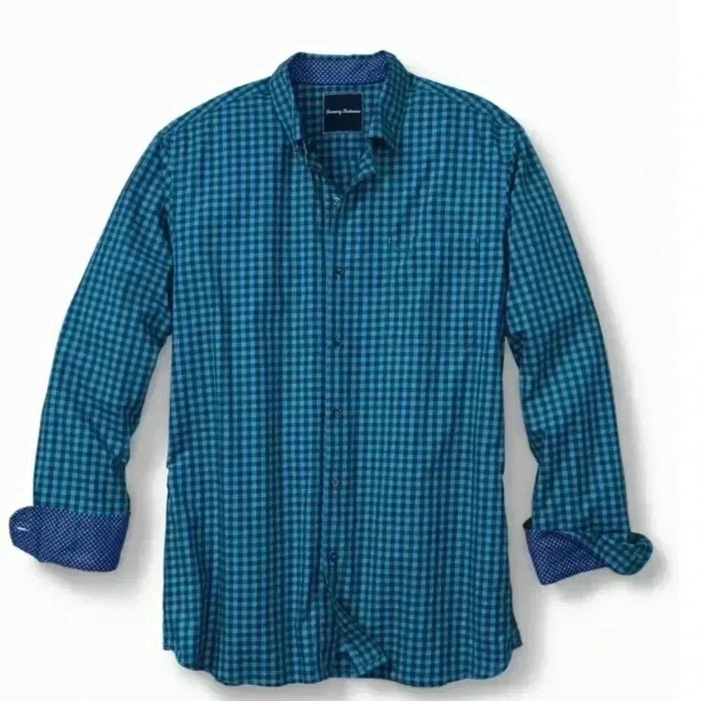 Tommy Bahama Mazagan Check Blue Cotton Button Up Men's Shirt XL 140 Retail